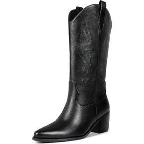 Black Cowboy Boots for Women Knee High - Women's Tall Embroidered Cowboy Boots Chunky Heel Pointed Toe Western Country Boots