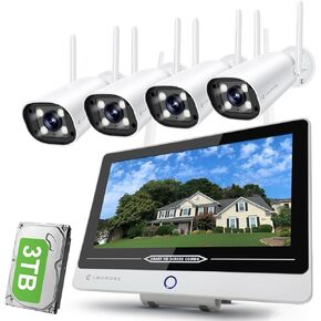 Wireless Security Camera System with 12" Monitor, AI Human Detection, Floodlight,Siren Alarm, 2-Way Audio, 4PCS 5MP Camera, Expandable 16CH NVR,Home Business Surveillance, 3TB HDD
