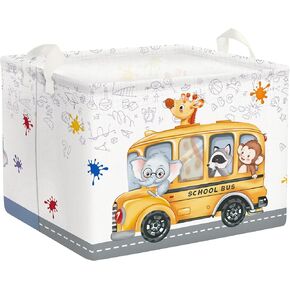 Clastyle 36L Large Back to School Bus Classroom Book Basket Study Animals Book Shelf Basket for Kids Room Nursery Collapsible Rectangle Giraffe Elephant Toy Clothes Storage Basket