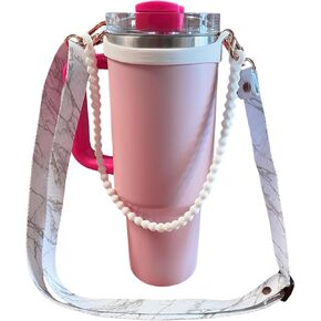 Water Bottle Tumbler Handle and Adjustable Strap Stanley Cup Accessories - Pink Prism Design Print and Pink Silicone Handle – fits Most 8–40 oz Bottle Models, Sizes