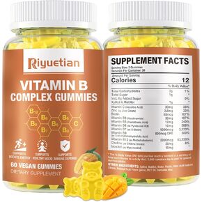 Vitamin B Complex Gummies with Biotin,Choline + Inositol, Vitamin C + Zinc for Supports Energy, Brain, Mood, Immune, Healthy Hair, Skin - Natural Mango Flavor - Vegan Diet - 60 Vegan