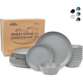 Grow Forward 24-piece Premium Wheat Straw Dinnerware Sets for 8 - Dinner Plates, Dessert Plates, Cereal Bowls - Unbreakable Microwave Safe Plastic Plates and Bowls Sets, RV, Kitchen Dishes - Seascape