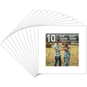 Golden State Art, Pack of 10 Acid Free 8x8 for 6x6 White Picture Mats, Bevel Cut White Core Frame Mattes for Photos