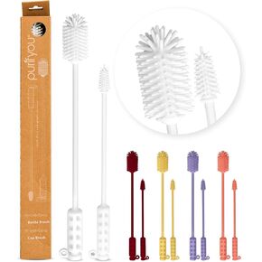 purifyou Platinum Silicone Water Bottle Cleaner Brush, Extra Long Handle 16 inch, with Cap Brush for Tumblers, Drinking Glasses, Vase - Perfect for Narrow Skinny Neck Containers (Red)