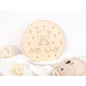 Wooden Hello World Birth Announcement Sign - Teddy Bear Theme Baby Welcome Card for Newborn, Wood Birth Announcement Discs, Wooden Baby Cards First Year, Baby Shower Gift, Gift for Newborn