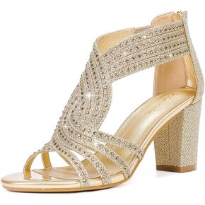 Women's Rhinestone Sparkly Chunky Block Heel Sandals Open Toe Dressy Shoes with Zipper Closure for Wedding Prom Homecoming Hoco Formal Events