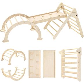 Pikler Triangle Set, Climbing Toy Indoor Playground Set, 7in1 Foldable Climbing Set, Wooden Baby Climbing Gym Toys with Ramp,Rocker and Arch Climber for Kids Boys Girls