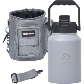 Tribe WOD Tactical Water Bottle - 64 oz Water Bottle with Sleeve - Stainless Steel Water Jug Container - Double-Wall Insulated Water with Rugged - Removable Sleeve for Keys, Wallet, Phone - Black