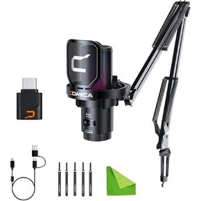 comica Wireless USB Microphone for Computer and Smartphone,48kHz/24bit RGB Cardioid Condenser Gaming Mic for Podcasting,Streaming,Recording with Boom Arm Stand-Black (EJoy Uni Pro A)