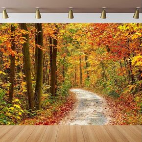 7x5Ft Fall Photography Backdrop Autumn Forest Scenery Backdrop Fallen Maple Leaves Pathway Photography Background for Thanksgiving Banner Decorations for Party Supplies