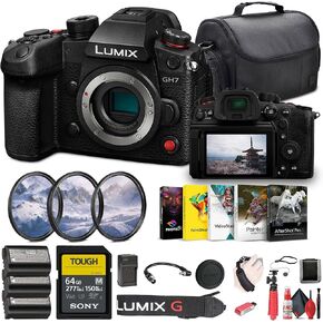 Panasonic Lumix GH7 Mirrorless Micro Four Thirds Camera (DC-GH7BODY) + 64GB SF-M Series Memory Card + Bag + Photo Editing Software + 2 x DMW-BLK22 Battery + Card Reader + Charger + Flex Tripod + More