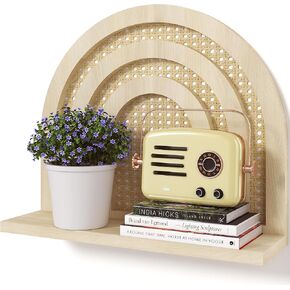 Rattan Wall Shelf Boho Nursery Decor, 2-Tier Arched Woven Natural Wood Wicker Wall Shelf, 16''L Neutral Handcrafted Rattan Nursery Shelf, Decorative Shelf for Living Room,Bedroom & Bathroom