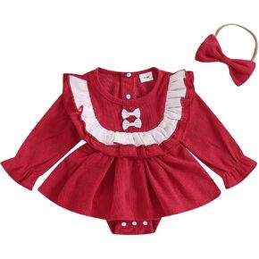 Madjtlqy Fall Baby Girl Clothes Romper Dress Ruffles Long Sleeve Toddler Winter Outfit with Headband