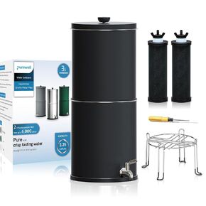 Purewell 3-Stage Gravity Fed Water Filter System, 2.25 Gallon Stainless Steel Countertop System with 2 Washable Ceramic Filters, Metal Water Level Spigot and Stand, Reduce up to 99% Chlorine, PW-OBT-K