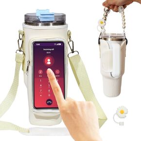 Fashion Stanley Accessories Beach Cup Holder with Clear Window Phone Pocket 40oz Water Cup Bag Pouch with Extra Peal Strap and Straw Cover (Pink)