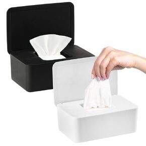 2Pcs Diaper Wipes Dispenser, Refillable Wipe Container, Wipe Container with Sealing Design Lid, Keep Wipes Fresh,Wet Wipes Cases (White/Black)