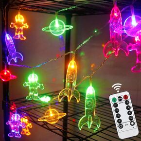 Led Lights String for Kids Bedroom Decor with 20 LED 3D Rocket Astronaut Planet Pendants 8 Modes Night String Lights Battery Operated with Remote for Space Themed Bedroom Birthday Party Decor