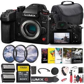 Panasonic Lumix GH7 Mirrorless Micro Four Thirds Camera (DC-GH7BODY) + 64GB SF-M Tough Memory Card + Bag + Photo Editing Software + DMW-BLK22 Battery + Card Reader + Charger + Flex Tripod + More