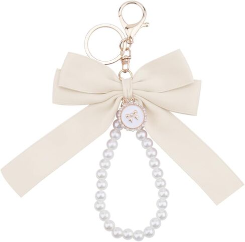 Pink Pearl Chain Bow Keychain for Women Girls White Pearl Keychain Wristlet for Purse Backpack Black Bow Charms in Saudi Arabia