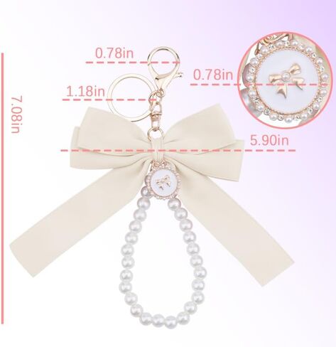 Pink Pearl Chain Bow Keychain for Women Girls White Pearl Keychain Wristlet for Purse Backpack Black Bow Charms in Saudi Arabia