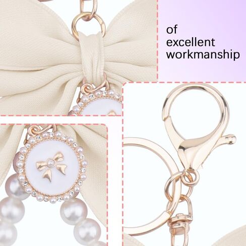 Pink Pearl Chain Bow Keychain for Women Girls White Pearl Keychain Wristlet for Purse Backpack Black Bow Charms in Saudi Arabia