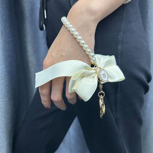 Pink Pearl Chain Bow Keychain for Women Girls White Pearl Keychain Wristlet for Purse Backpack Black Bow Charms in Saudi Arabia