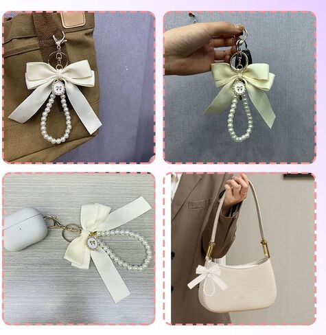 Pink Pearl Chain Bow Keychain for Women Girls White Pearl Keychain Wristlet for Purse Backpack Black Bow Charms in Saudi Arabia