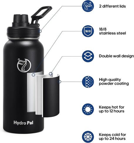 HydroPal Insulated Water Bottles 40 oz with 2 Leak Proof Lids & Water Bottle Holder, Wide Mouth Sport Water Bottle with Straw, Reusable Stainless Steel Water Flask, Double Walled Vacuum Thermos in Saudi Arabia