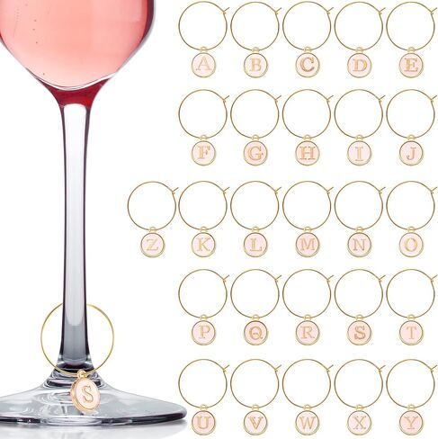 Hicarer 26 Pieces Wine Charms for Stem Glasses with Rings Tags Metal Letters Glass Charm Markers Letters Beads Markers for Wine Cocktail Champagne Party Favors Decorations Family Gathering in Saudi Arabia