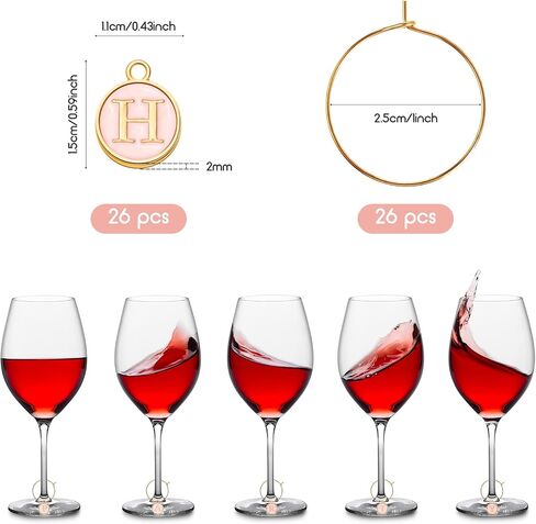 Hicarer 26 Pieces Wine Charms for Stem Glasses with Rings Tags Metal Letters Glass Charm Markers Letters Beads Markers for Wine Cocktail Champagne Party Favors Decorations Family Gathering in Saudi Arabia