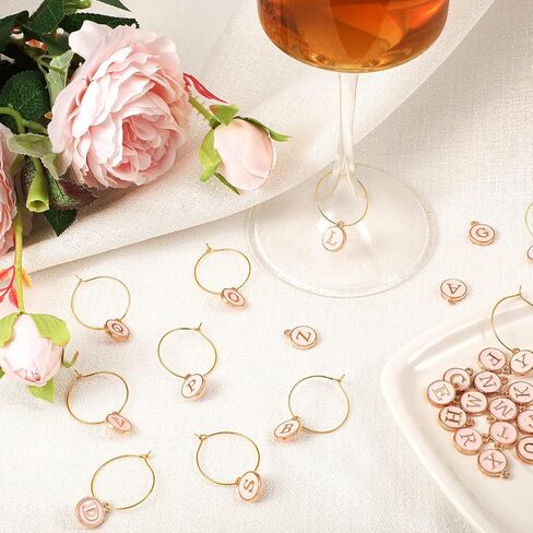 Hicarer 26 Pieces Wine Charms for Stem Glasses with Rings Tags Metal Letters Glass Charm Markers Letters Beads Markers for Wine Cocktail Champagne Party Favors Decorations Family Gathering in Saudi Arabia