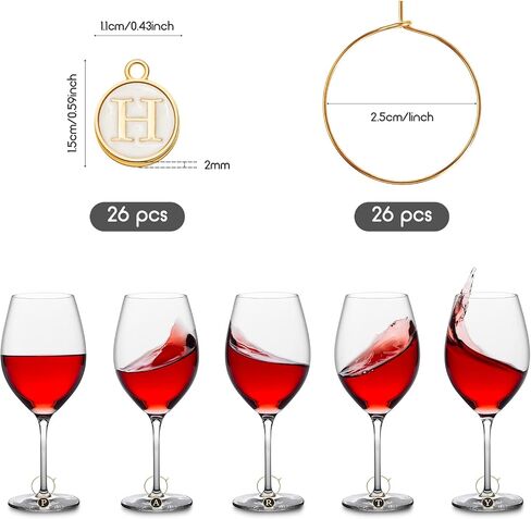Hicarer 26 Pieces Wine Charms for Stem Glasses with Rings Tags Metal Letters Glass Charm Markers Letters Beads Markers for Wine Cocktail Champagne Party Favors Decorations Family Gathering in Saudi Arabia