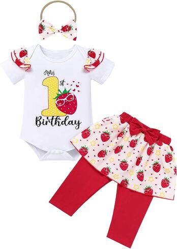 IBTOM CASTLE Baby Girls 1st Birthday Outfits Strawberry/Rainbow/Mermaid/Cow Romper Skirted Leggings with Headband 3pcs Set in Kuwait