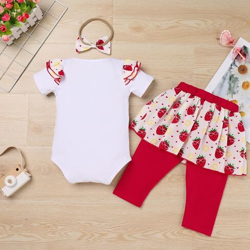 IBTOM CASTLE Baby Girls 1st Birthday Outfits Strawberry/Rainbow/Mermaid/Cow Romper Skirted Leggings with Headband 3pcs Set in Kuwait