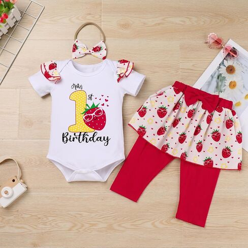 IBTOM CASTLE Baby Girls 1st Birthday Outfits Strawberry/Rainbow/Mermaid/Cow Romper Skirted Leggings with Headband 3pcs Set in Kuwait
