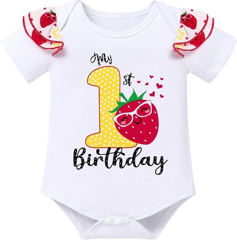 IBTOM CASTLE Baby Girls 1st Birthday Outfits Strawberry/Rainbow/Mermaid/Cow Romper Skirted Leggings with Headband 3pcs Set in Kuwait
