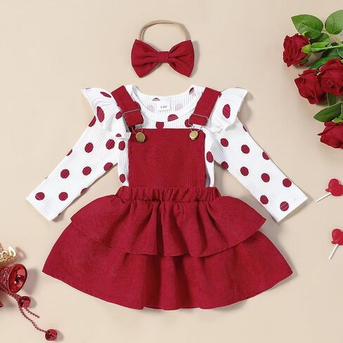Baby Girl Christmas Outfits Ribbed Knit Long Sleeve Romper Suspender Skirt Headband Set 3Pcs Fall Winter Clothes in Kuwait