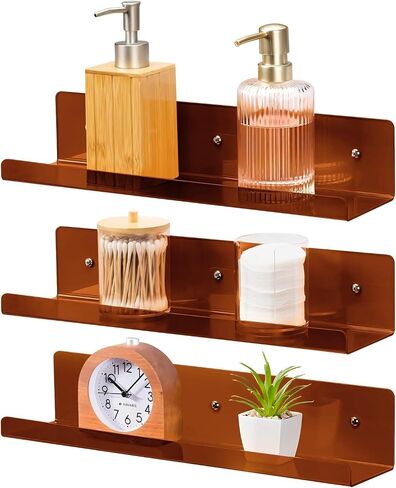 Navaris Acrylic Wall Shelves - Set of 3 - Sturdy and Vibrant Floating Bookshelf - Clear Acrylic Shelf for Wall Display, Bedroom, Picture Ledge - Orange in Saudi Arabia