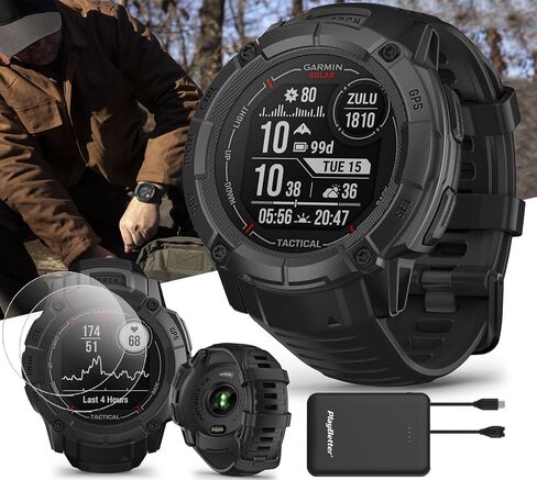 ساعة ذكية Garmin Instinct 2X Solar التكتيكية الخارجية بنظام تحديد المواقع العالمي - مصباح يدوي، شحن بالطاقة الشمسية، تتبع اللياقة البدنية والنوم - حزمة مع واقيات شاشة PlayBetter وشاحن محمول، أسود in Saudi Arabia