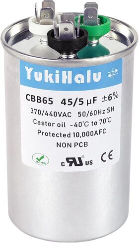 YukiHalu 50+5 uF 50/5 MFD 370 أو 440 VAC CBB65 مكثف تشغيل مزدوج، مكثف تيار متردد لمكيف الهواء، تشغيل المحرك، مضخة حرارية، مكثف مستقيم بارد، مكثف HVAC in Kuwait
