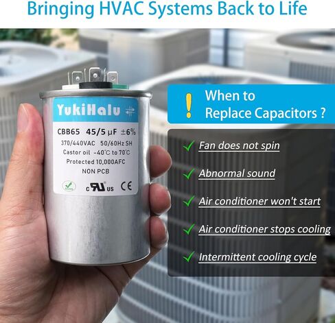 YukiHalu 50+5 uF 50/5 MFD 370 أو 440 VAC CBB65 مكثف تشغيل مزدوج، مكثف تيار متردد لمكيف الهواء، تشغيل المحرك، مضخة حرارية، مكثف مستقيم بارد، مكثف HVAC in Kuwait