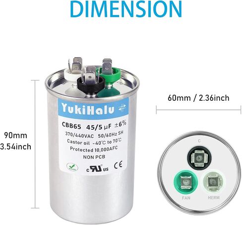 YukiHalu 50+5 uF 50/5 MFD 370 أو 440 VAC CBB65 مكثف تشغيل مزدوج، مكثف تيار متردد لمكيف الهواء، تشغيل المحرك، مضخة حرارية، مكثف مستقيم بارد، مكثف HVAC in Kuwait