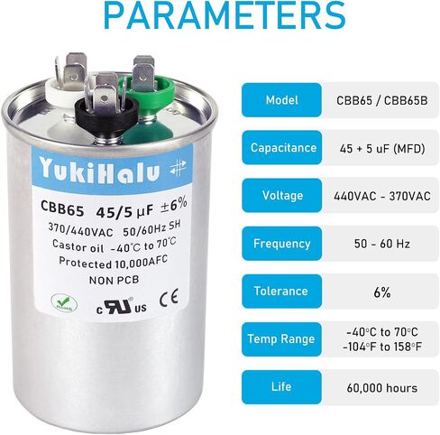 YukiHalu 50+5 uF 50/5 MFD 370 أو 440 VAC CBB65 مكثف تشغيل مزدوج، مكثف تيار متردد لمكيف الهواء، تشغيل المحرك، مضخة حرارية، مكثف مستقيم بارد، مكثف HVAC in Kuwait