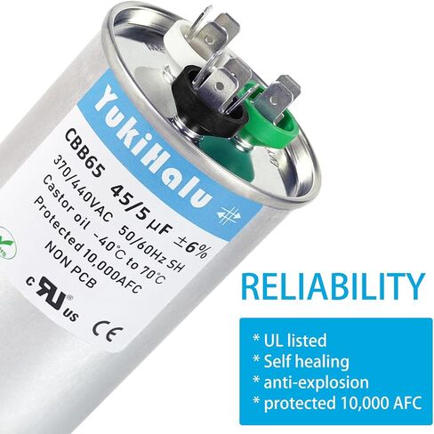 YukiHalu 50+5 uF 50/5 MFD 370 أو 440 VAC CBB65 مكثف تشغيل مزدوج، مكثف تيار متردد لمكيف الهواء، تشغيل المحرك، مضخة حرارية، مكثف مستقيم بارد، مكثف HVAC in Kuwait