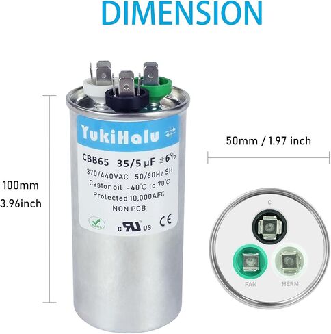 YukiHalu 50+5 uF 50/5 MFD 370 أو 440 VAC CBB65 مكثف تشغيل مزدوج، مكثف تيار متردد لمكيف الهواء، تشغيل المحرك، مضخة حرارية، مكثف مستقيم بارد، مكثف HVAC in Kuwait