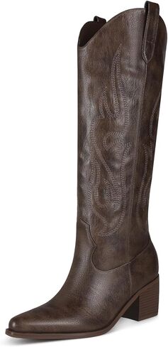 Black Cowboy Boots for Women Knee High - Women's Tall Embroidered Cowboy Boots Chunky Heel Pointed Toe Western Country Boots in Saudi Arabia