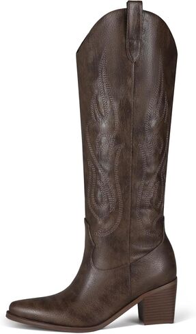 Black Cowboy Boots for Women Knee High - Women's Tall Embroidered Cowboy Boots Chunky Heel Pointed Toe Western Country Boots in Saudi Arabia