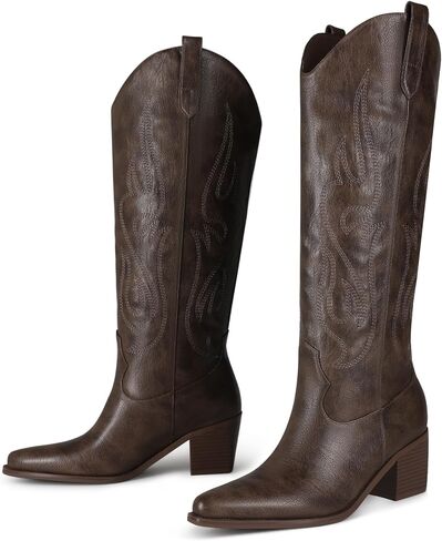 Black Cowboy Boots for Women Knee High - Women's Tall Embroidered Cowboy Boots Chunky Heel Pointed Toe Western Country Boots in Saudi Arabia