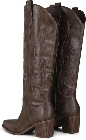 Black Cowboy Boots for Women Knee High - Women's Tall Embroidered Cowboy Boots Chunky Heel Pointed Toe Western Country Boots in Saudi Arabia