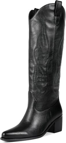 Black Cowboy Boots for Women Knee High - Women's Tall Embroidered Cowboy Boots Chunky Heel Pointed Toe Western Country Boots in Saudi Arabia